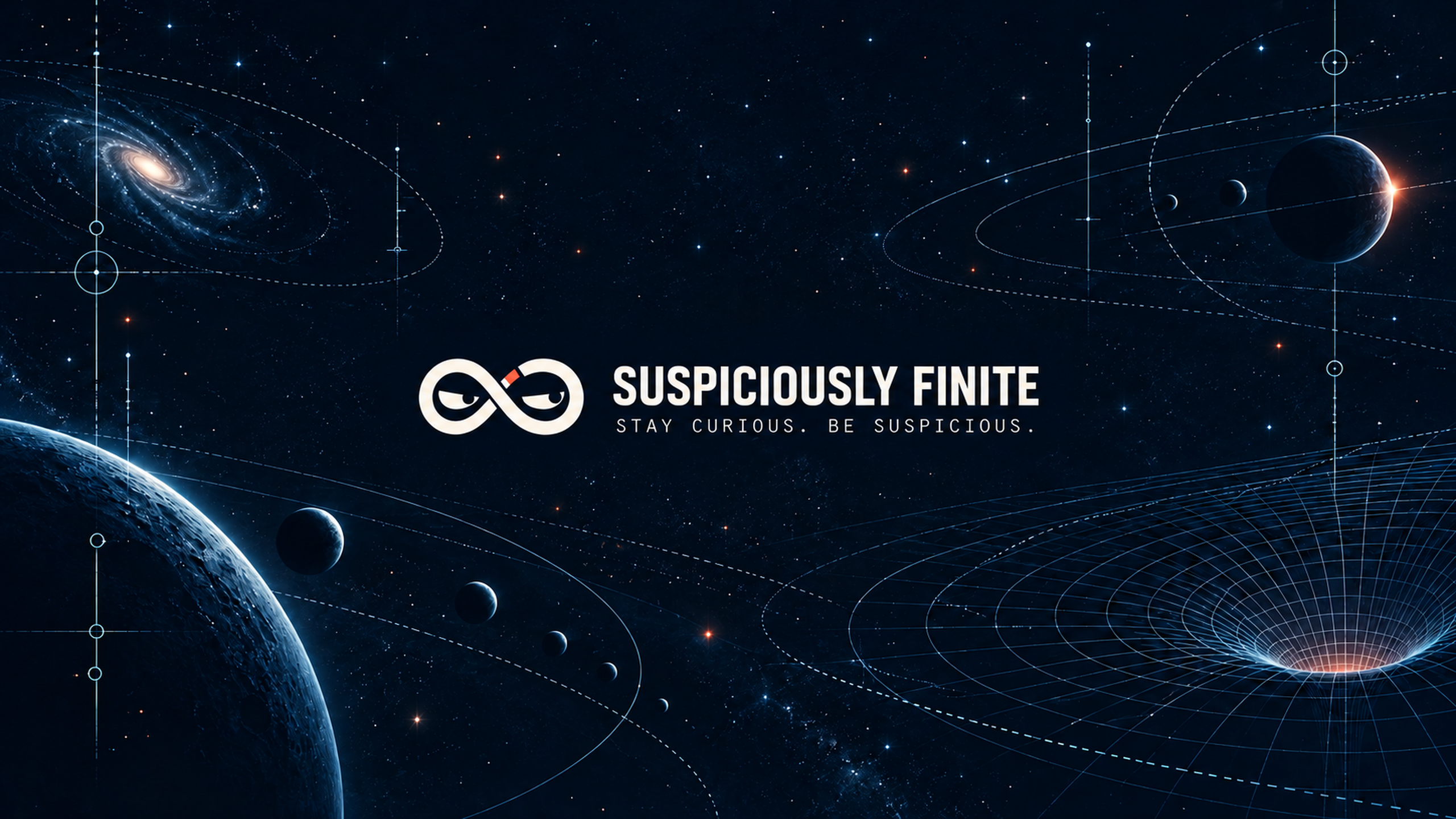 Suspiciously Finite's illustrated universe: planets, orbital paths, and a spacetime grid.